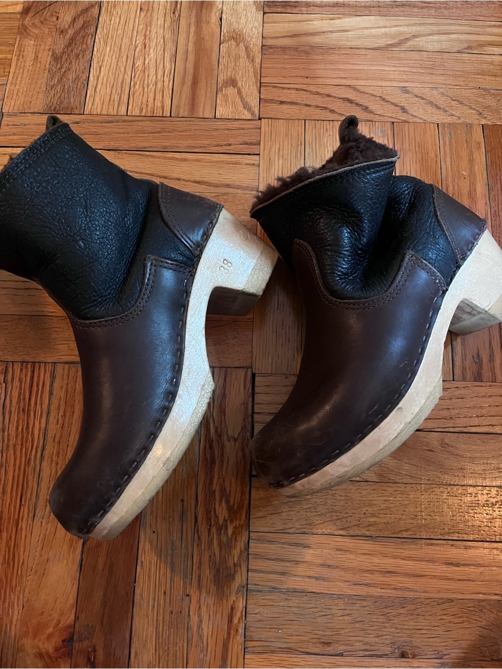 No. 6 Brown and Black Leather Shearling Clog Booties